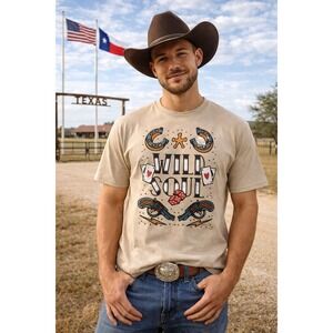 Sugar Flower Wild Soul Graphic T-Shirt Large Beige Horseshoe Dice Guns